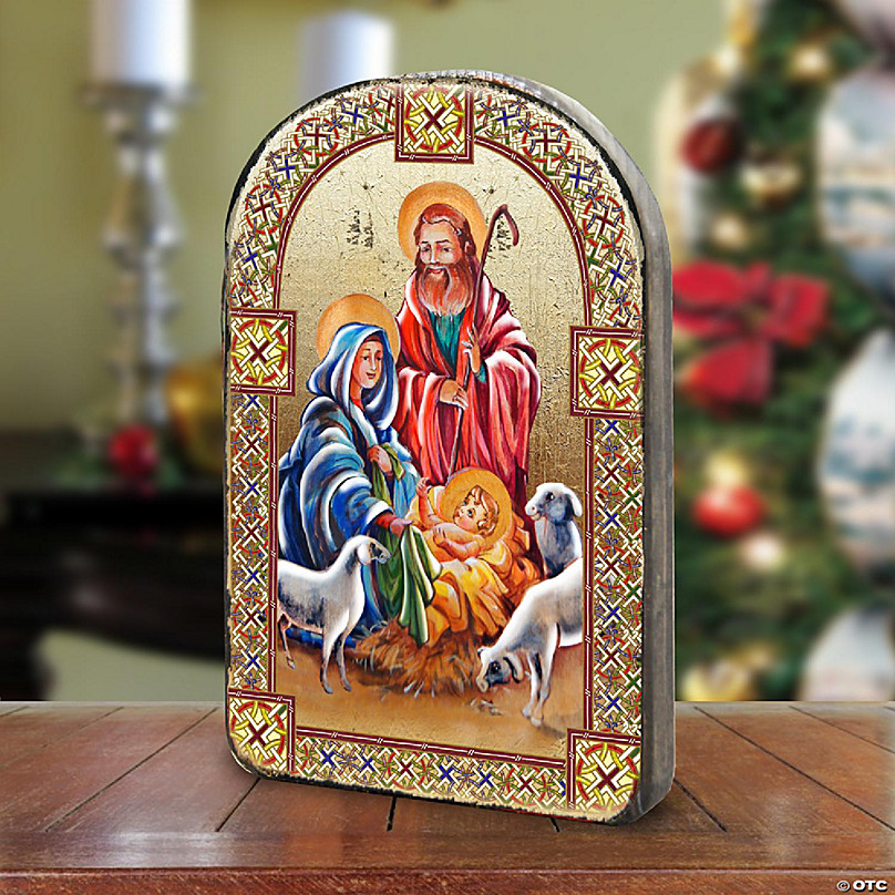 Designocracy Nativity Gold Plated Wood Arch Shape Icon | Oriental Trading