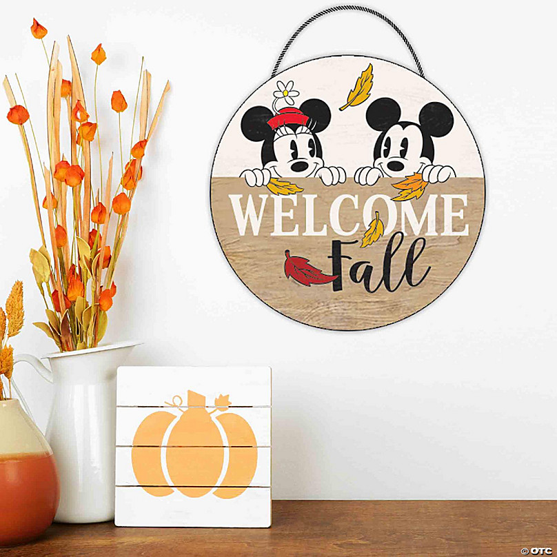 Disney 11x11 Disney Mickey & Minnie Mouse Welcome Fall Round Hanging Wood  Wall Decor