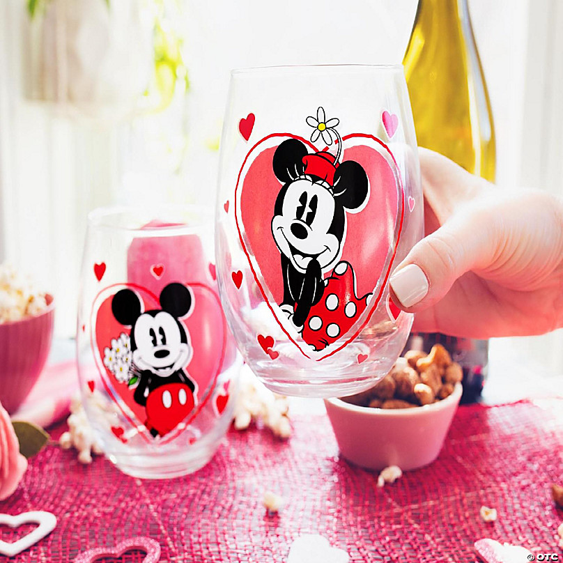 Disney Minnie and Mickey Mouse Hearts Stemless Wine Glasses Set of 2