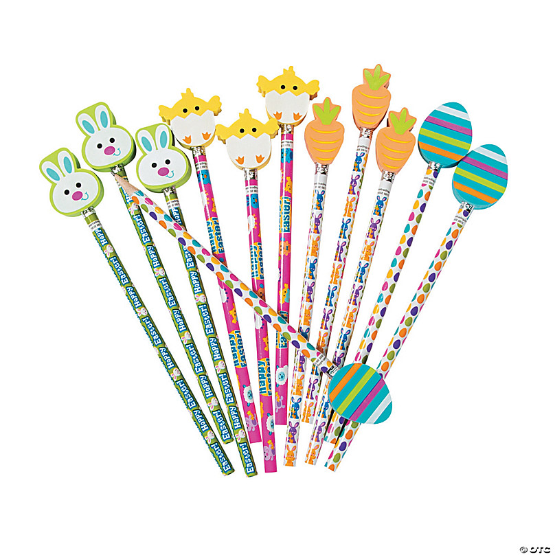 Fun Express Easter Stationery Funny Bunny Pencil Toppers for Easter Pencil Accessories Erasers 12 Pieces 