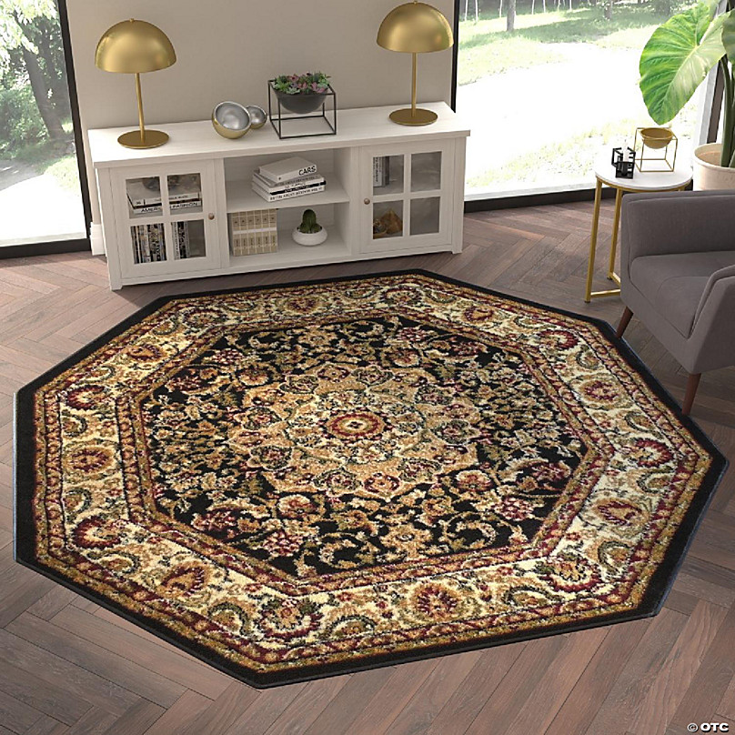 Emma Oliver Classic Design Area Rug Black With Fl Medallion 7 X7 Octagon Moisture Stain Resistant Olefin Facing Oriental Trading