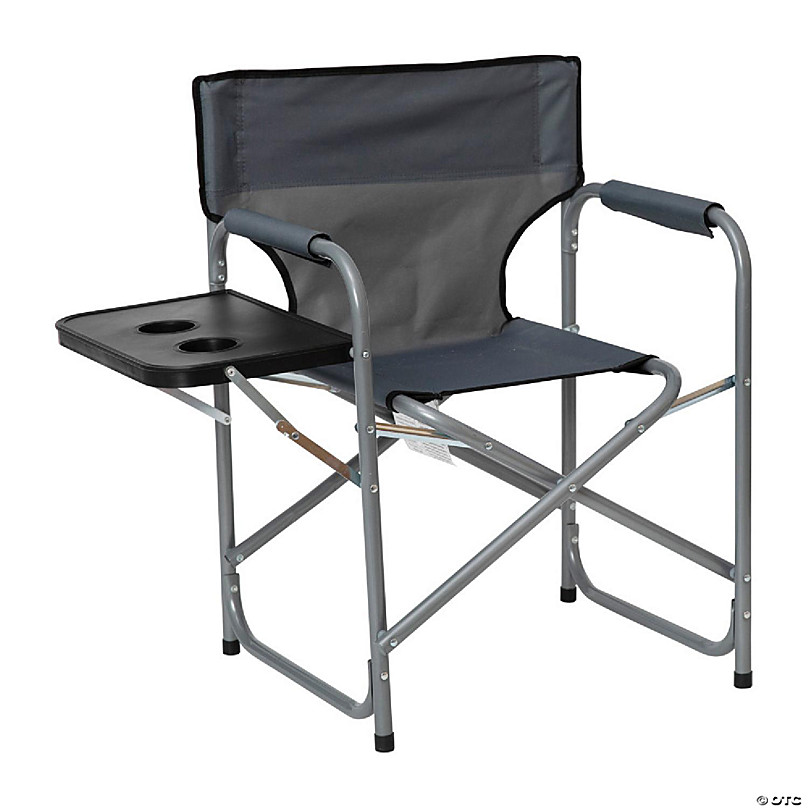 Emma + Oliver Folding Director's Chair - Gray Canvas Fabric with Black  Accent Trim - Gray Steel Tube Framing - Integrated Folding Side Table with  Two