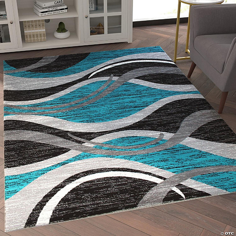 Emma and Oliver 5x5 Round Accent Rug with Modern 3D Sculpted Swirl Pattern and Varied Texture Piling in Turquoise, Black, White & Gray