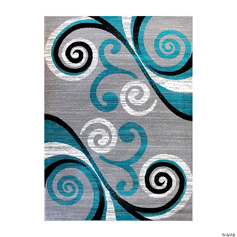 Emma and Oliver 5x5 Round Olefin Accent Rug with Modern Geometric Pattern in Turquoise, Gray, Black & White with Natural Jute Backing