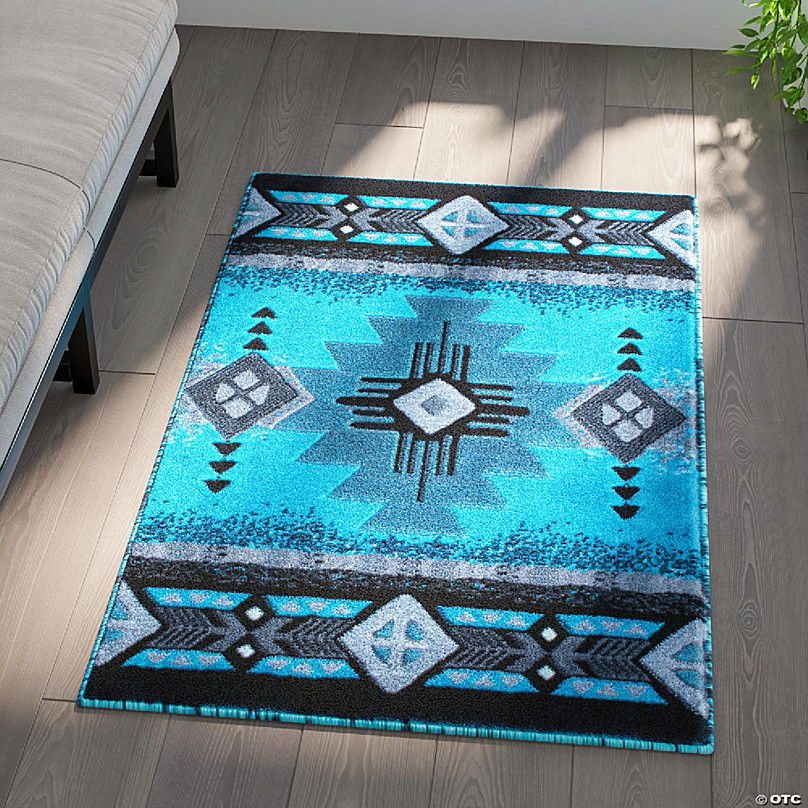 Emma + Oliver Santa Fe Patterned Turquoise Area Rug - 3x5