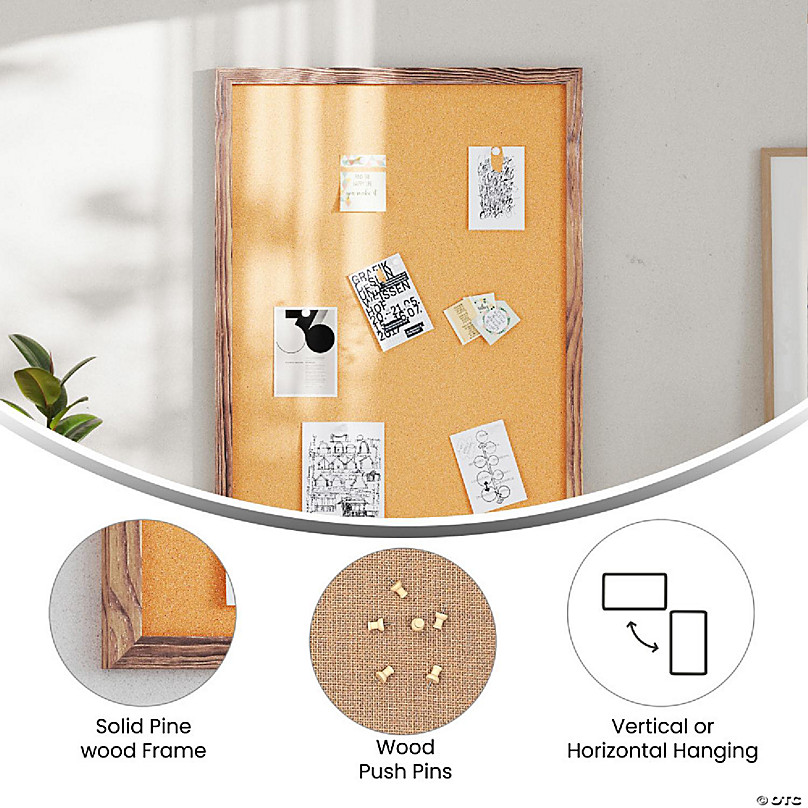 Emma + Oliver Wall Mount Cork Board with Solid Pine Frame and Wooden Push  Pins, 24 x 36, Torched Brown