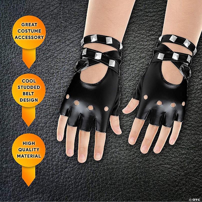 Fingerless Leather Gloves, Half Finger Biker Punk Gloves (One size fits  all) with Belt Up and Rivet Design for Halloween Costume Party