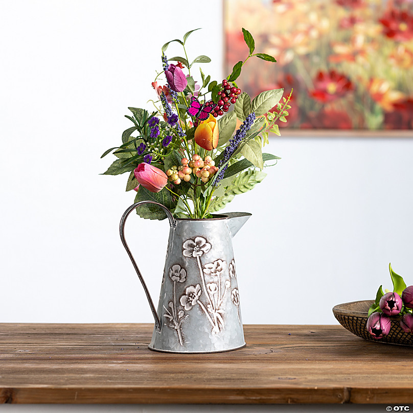 Floral Stamped Metal Pitcher Vase 8.75H Metal