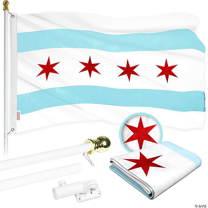 G128 Flag Pole FT White Tangle Free and Chicago Flag 2.5x4 FT Combo Embroidered  300D Polyester Oriental Trading