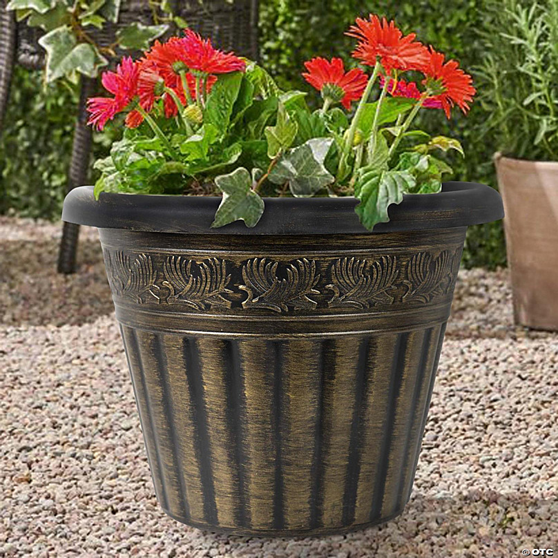 Garden Elements Outdoor Dragon Banded Plastic Planter- Gold- 13