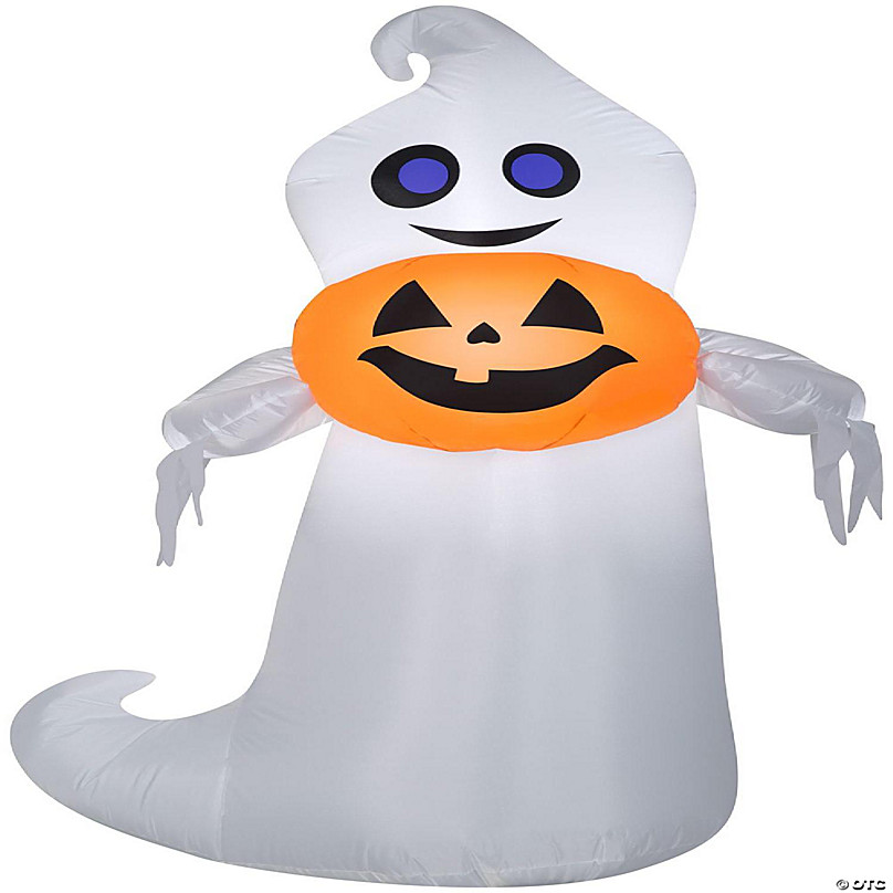 Gemmy Airblown Playful Ghost holding Pumpkin 5 ft Tall white