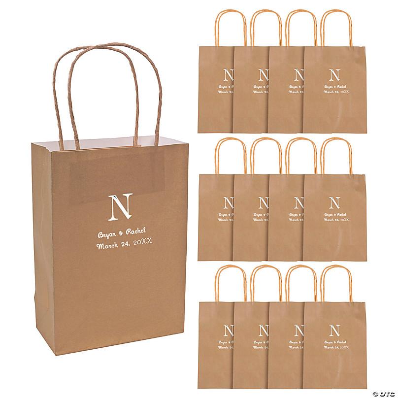 Gold Medium Personalized Monogram Welcome Paper Gift Bags with Silver Foil  - 12 Pc.