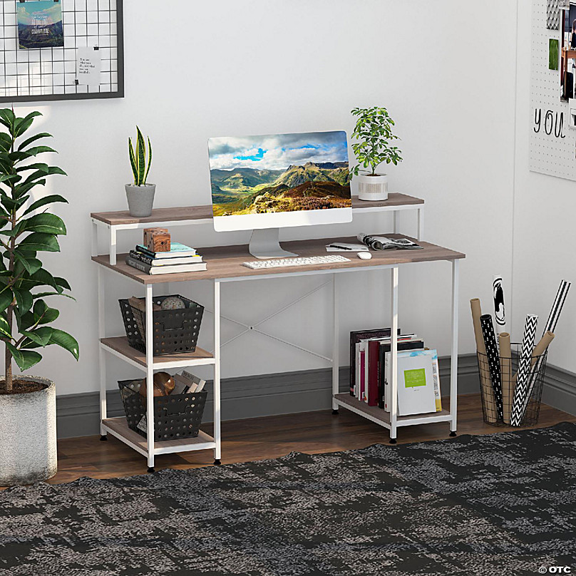 HOMCOM 55 Inch Home Office Computer Desk Study Writing Workstation with  Storage Shelves Elevated Monitor Shelf CPU Stand Durable X Shaped  Construction Oak Wood Grain | Oriental Trading