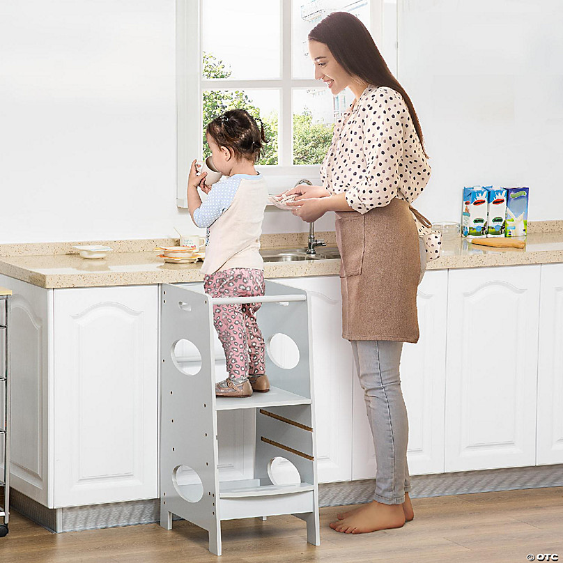 HOMCOM Kids Step Stool Adjustable Standing Platform Toddler Kitchen Stool  Grey