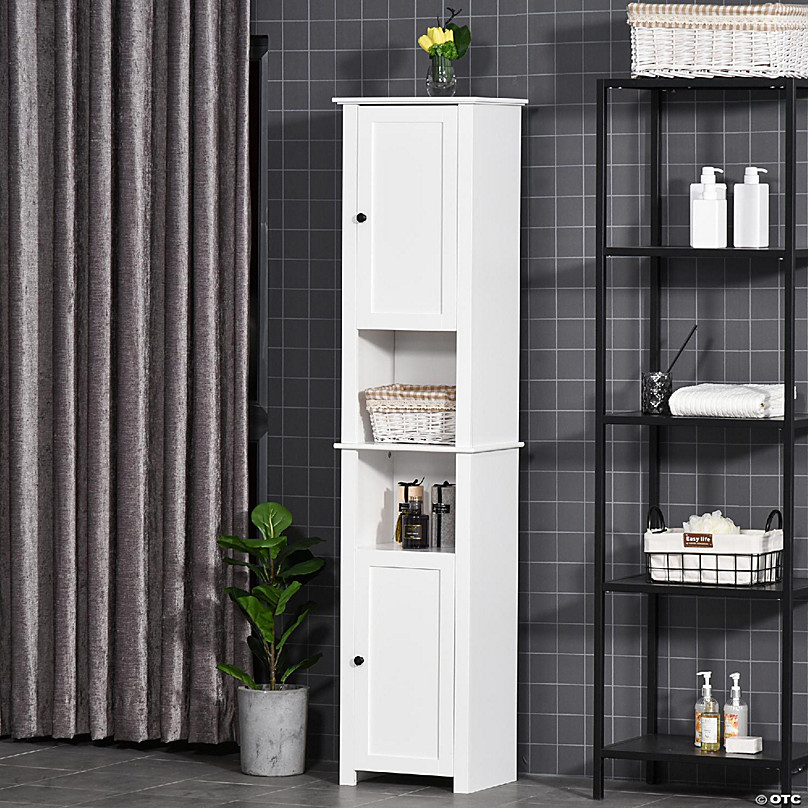 HOMCOM Tall Bathroom Storage Cabinet, Freestanding Linen Tower with 2-Tier  Shelf and 2 Cupboards, Narrow Side Floor Organizer, White