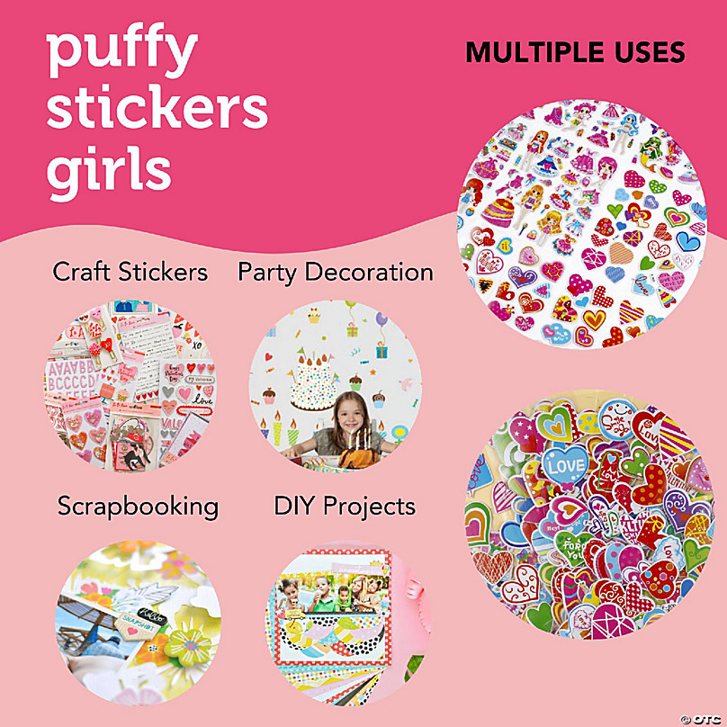 Incraftables Puffy Stickers for Girls 48 Sheets Self Adhesive Puffy  Stickers for Toddlers W/ Hearts, Animals, Princesses, Cloths Food Emojis 