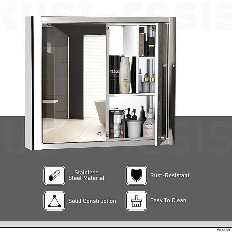 kleankin Stainless Steel Wall Mount Bathroom Medicine Cabinet with Mirror Storage Organizer Double Doors Silver