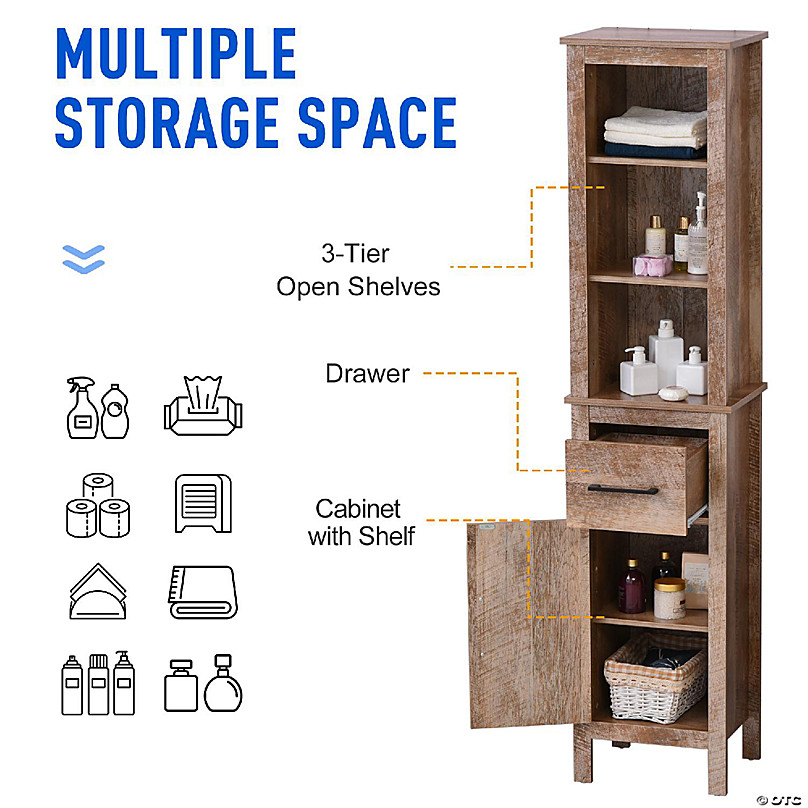 kleankin Tall Bathroom Storage Cabinet, Freestanding Linen Tower with  3-Tier Open Shelf and Cupboard, Slim Floor Organizer, Grey