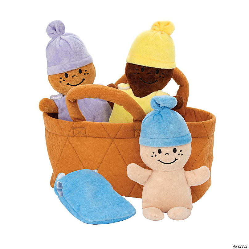 KOVOT 3 Plush Babies in Soft Carrier Basket - Squeeze to Hear Them Giggle -  Removable Dress