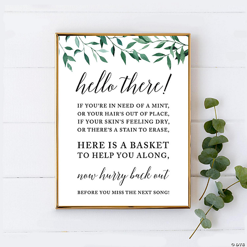 Andaz Press Wedding Party Signs, Natural Greenery Green Leaves, 8.5x11-inch, Ladies Bathroom Basket, 1-Pack