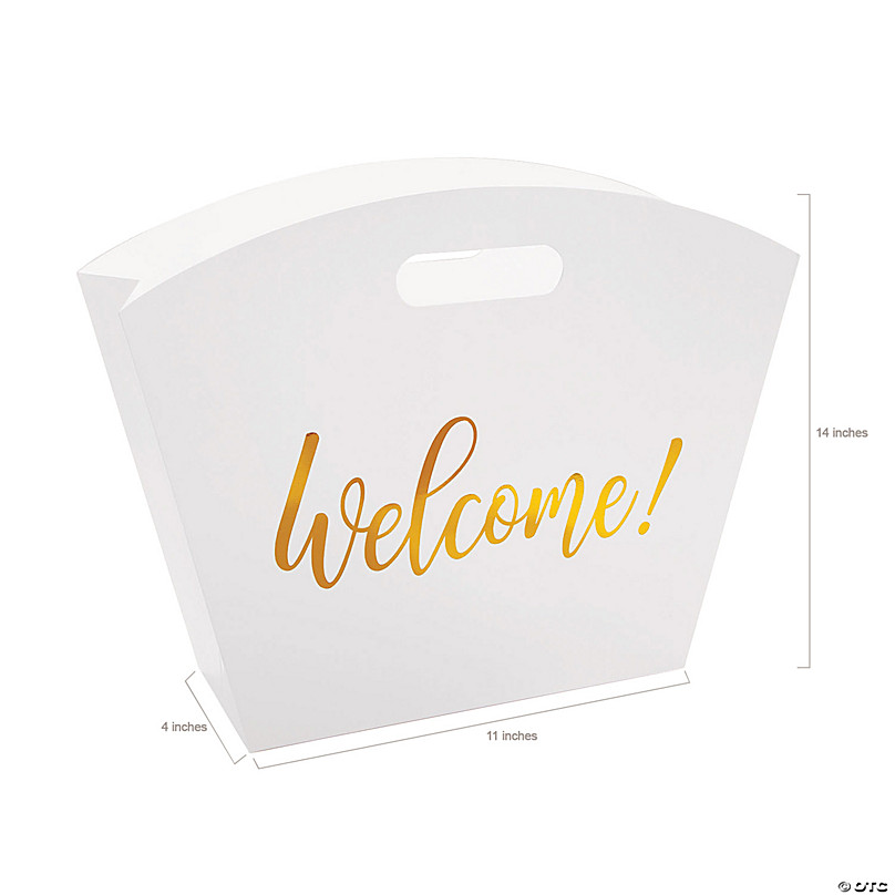 7 1/2 x 9 Medium Welcome White Paper Gift Bags with Rose Gold Foil - 12  Pc.