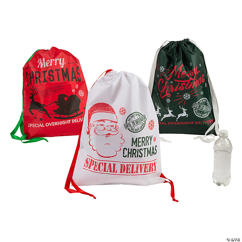 Large Santa Drawstring Bags - 3 Pc.