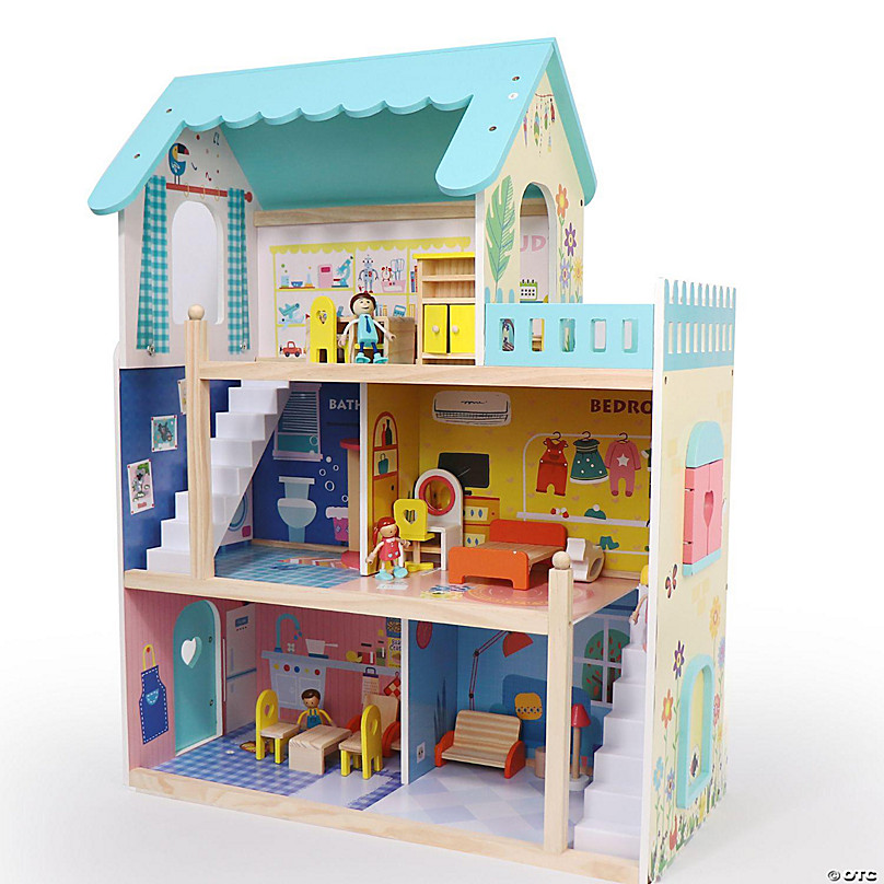 Goplus 28 inch Pink Doll House w/Furniture Gliding Elevator Rooms 3 Levels  Young Girls Toy at