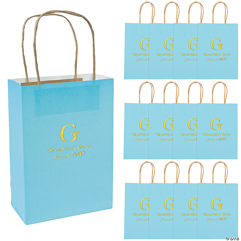 Light Blue Medium Personalized Monogram Welcome Paper Gift Bags with Gold  Foil - 12 Pc.