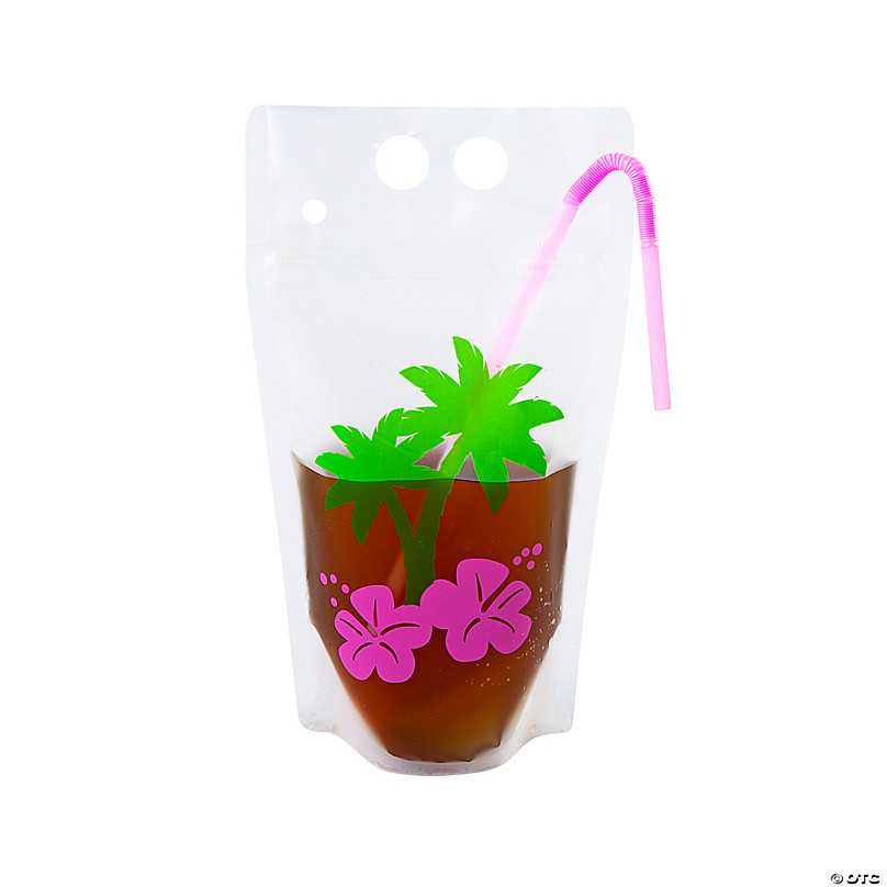 Luau Party Collapsible BPA-Free Plastic Drink Pouches with Straws - 25 Ct.