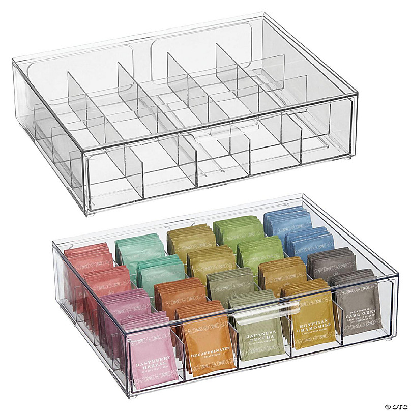 mDesign Divided Plastic 20-Section Stackable Tea Bin w/ Drawer - 2 Pack,  Clear