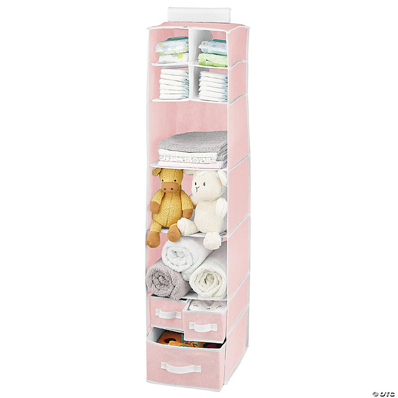 https://s7.orientaltrading.com/is/image/OrientalTrading/FXBanner_808/mdesign-fabric-nursery-hanging-organizer-with-7-shelves-3-drawers-pink-white~14342237-a02.jpg