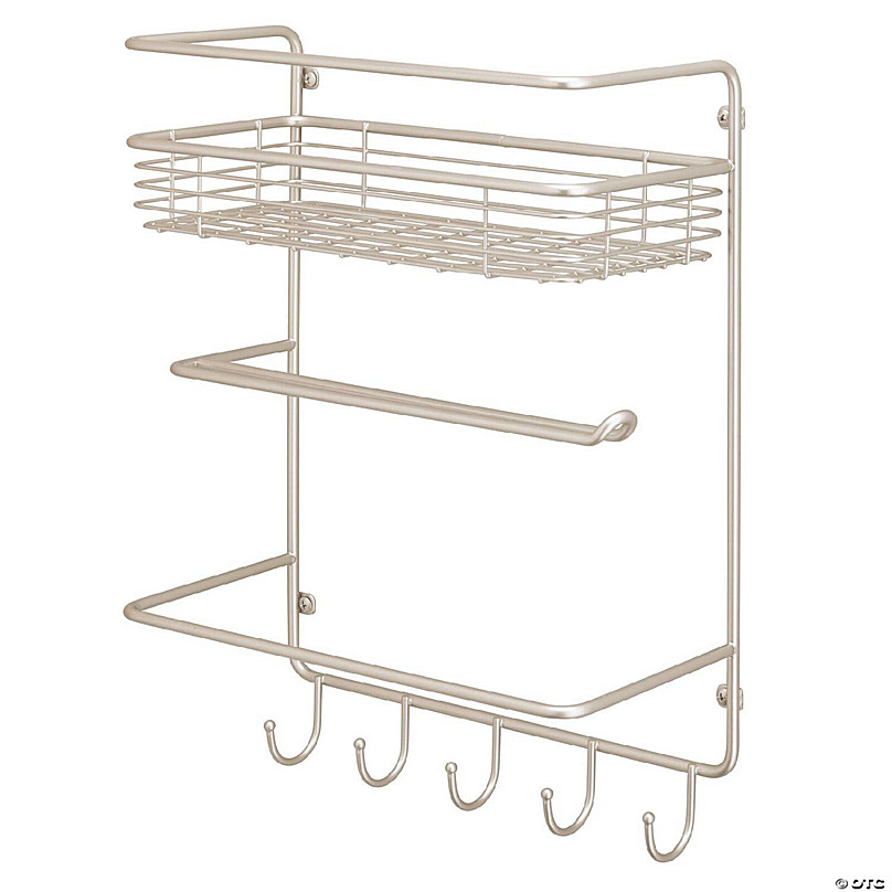 mDesign Metal Storage Organizer Basket with 6 Hooks Wall Mount Black