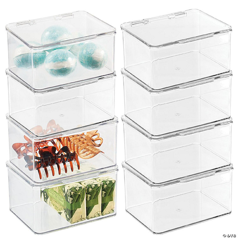 mDesign Plastic Bathroom Stacking Organizer Box with Hinged Lid, 8 Pack, Clear