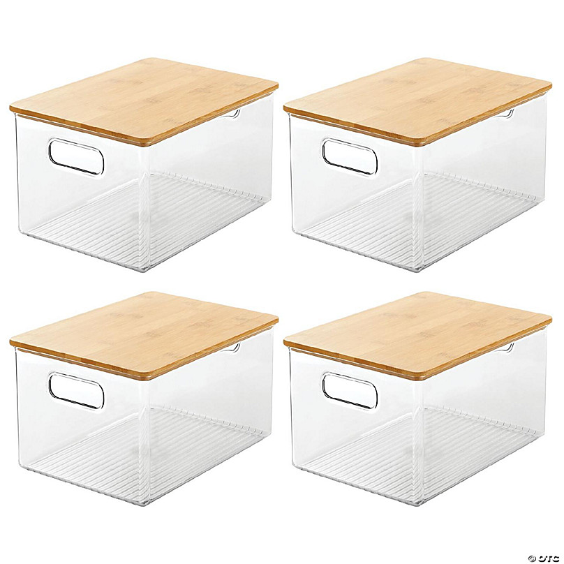 8ct mDesign Plastic Kitchen Storage Box Bamboo Lid, Handles, 8 Pack, Clear/Natural