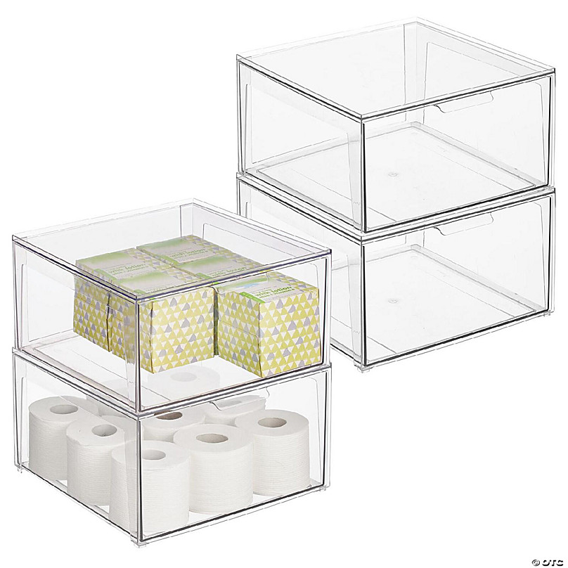 MDesign Plastic Stackable Bathroom Storage Organizer with Drawer, 4 Pack,  Clear