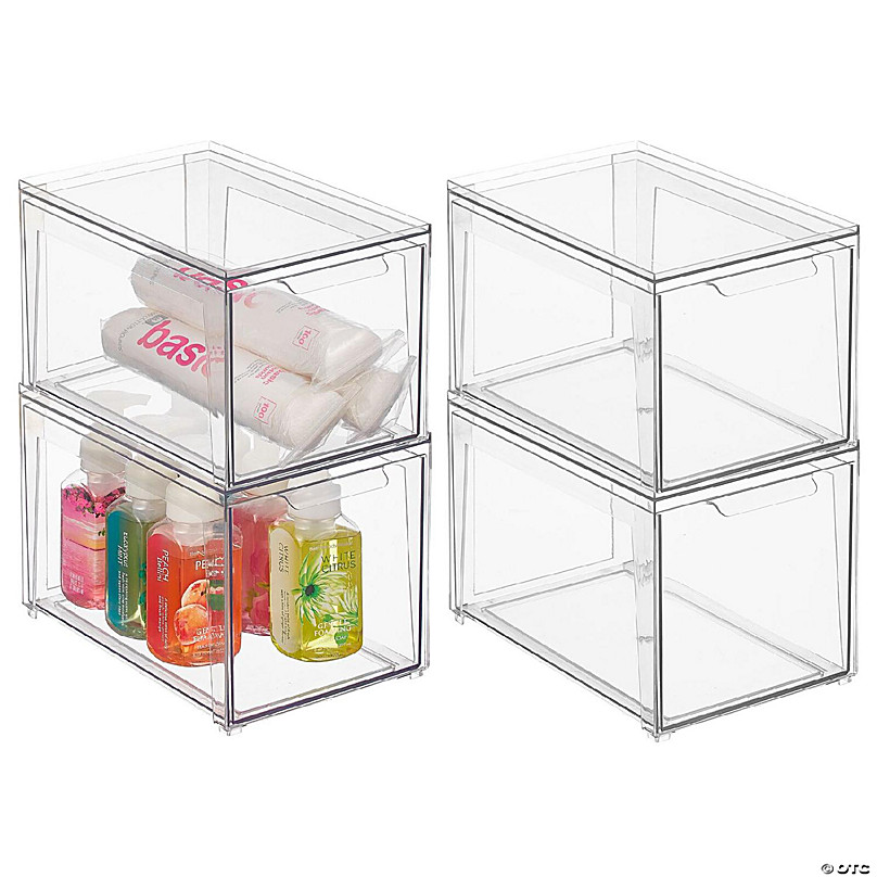 MDesign Plastic Stackable Bathroom Storage Organizer with Drawer, 4 Pack,  Clear