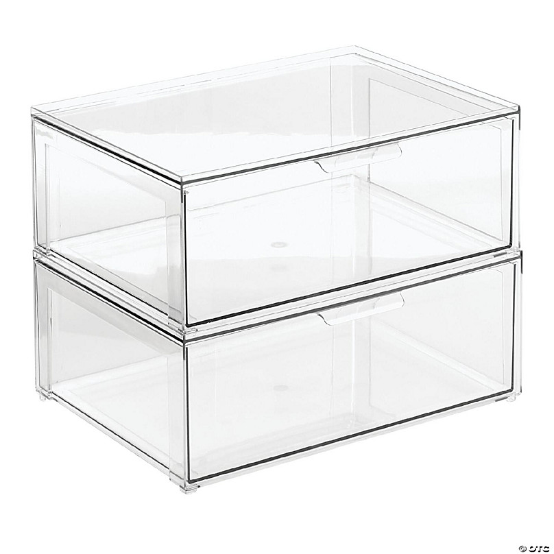 mDesign Plastic Stacking Closet Storage Organizer Bin with Drawer, 4 Pack,  Clear