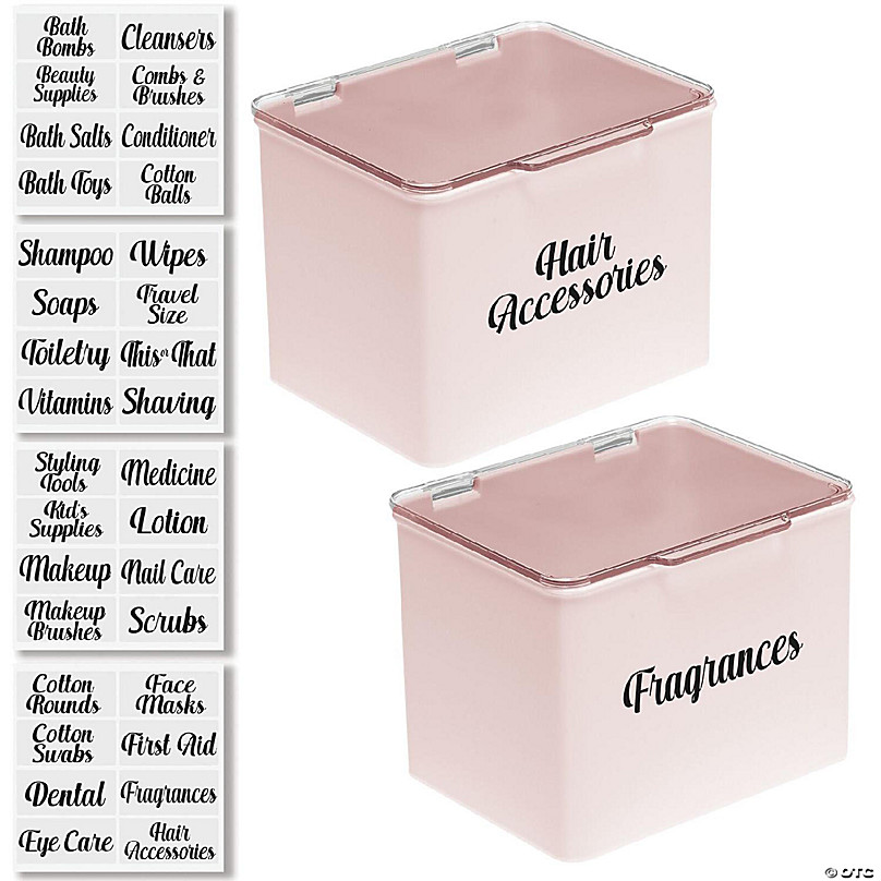 mDesign Stackable Plastic Bathroom Organizer Box, 4 Pack + 32 Labels - Pink