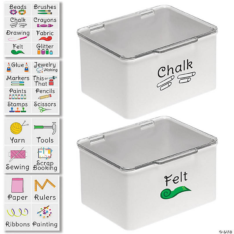 mDesign Stackable Plastic Craft, Sewing Storage Bin Box + 32 Labels - Gray