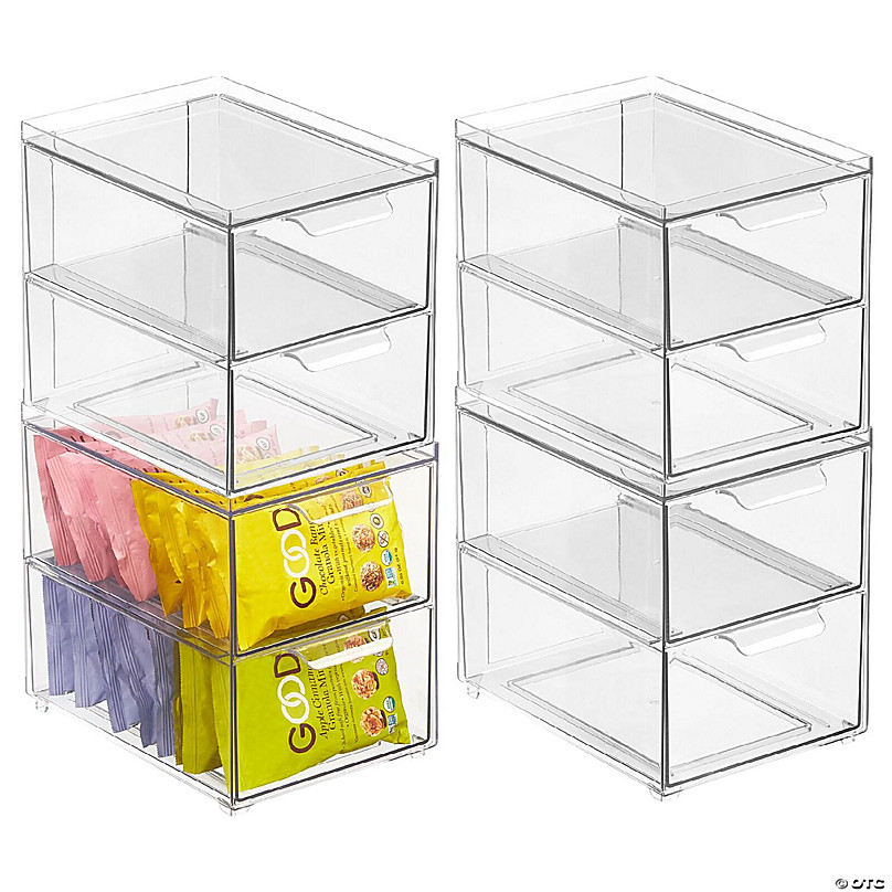 mDesign Plastic Stacking Closet Storage Organizer Bin with Drawer, 4 Pack,  Clear 