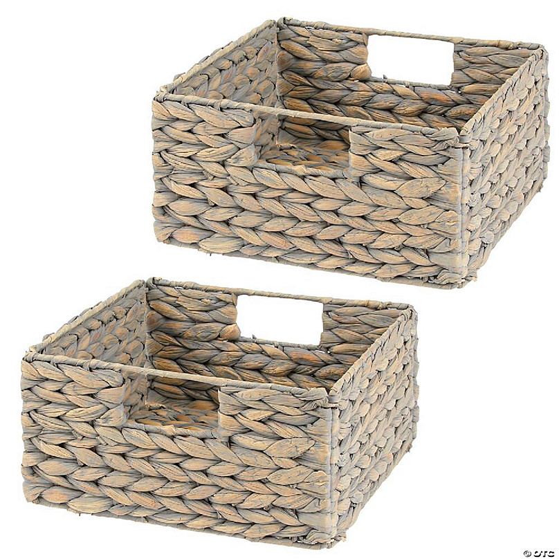 mDesign Hyacinth Woven Cube Bin Basket Organizer, Handles, 2 Pack, Gray Wash