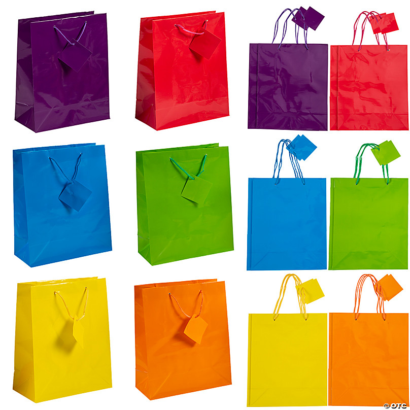 12pc Bright Neon GIFT Bags Colorful Paper Bags Small Medium Large 