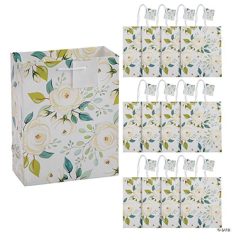 Medium White Floral Paper Gift Bags with Tag - 12 Pc.