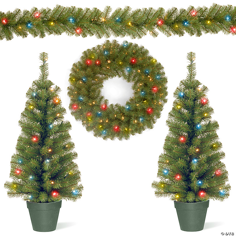National Tree Company 3 ft. Pre-Lit Artificial Christmas Tree, Wreath, and  Garland Assortment with Battery Powered Operated LED Lights