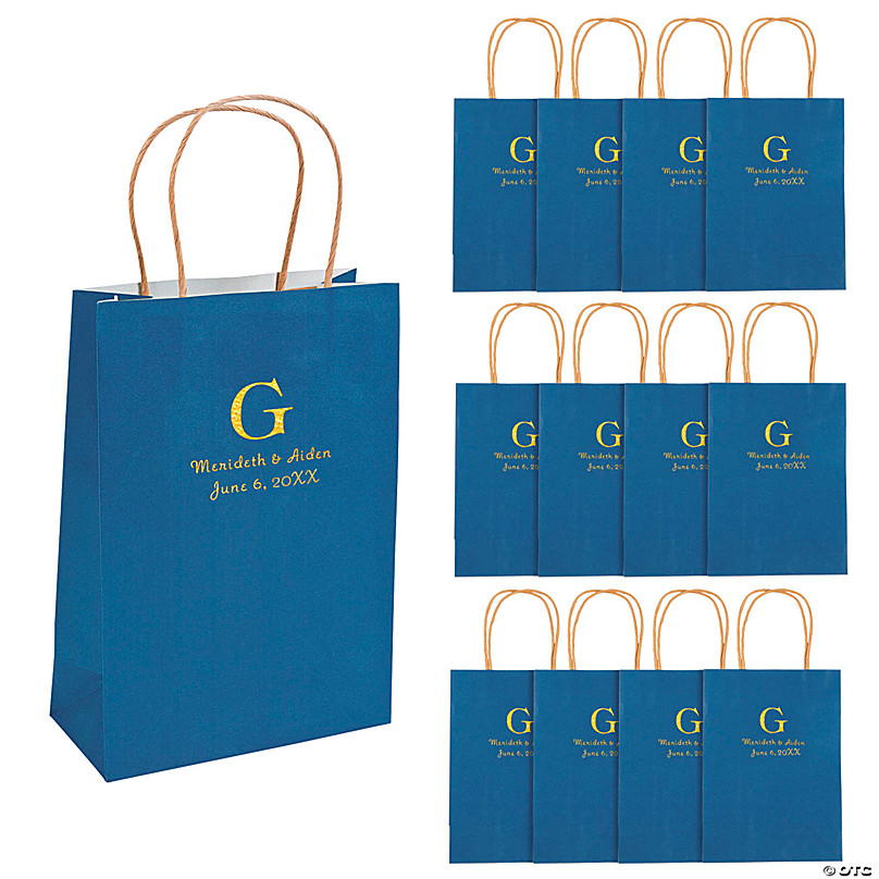 12 PC 6x9 Navy Blue Medium Personalized Monogram Welcome Paper Gift Bags with Gold Foil