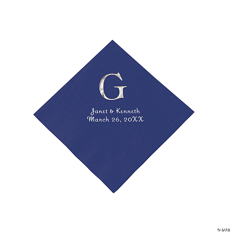 Navy Blue Wedding Monogram Personalized Napkins with Silver Foil - Beverage