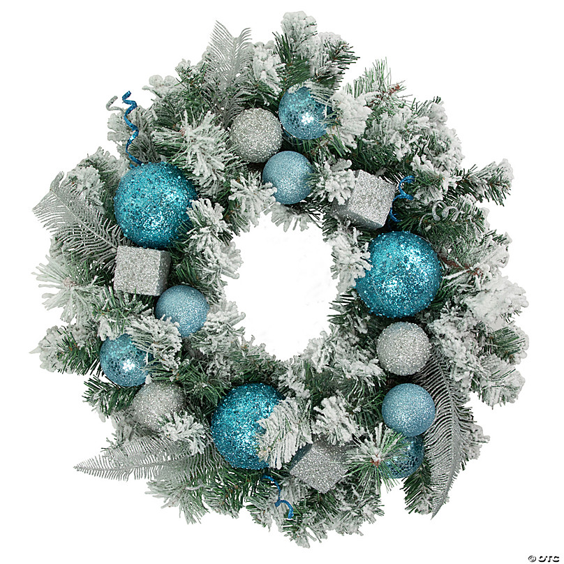 Northlight Flocked Pine with Teal and Silver Ornaments Artificial Christmas  Wreath 24-Inch Unlit