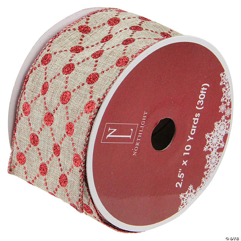 2.5 x 10 yds Natural Canvas Ribbon with Red, Burgundy & White Snowflakes,  Wired Christmas Ribbon