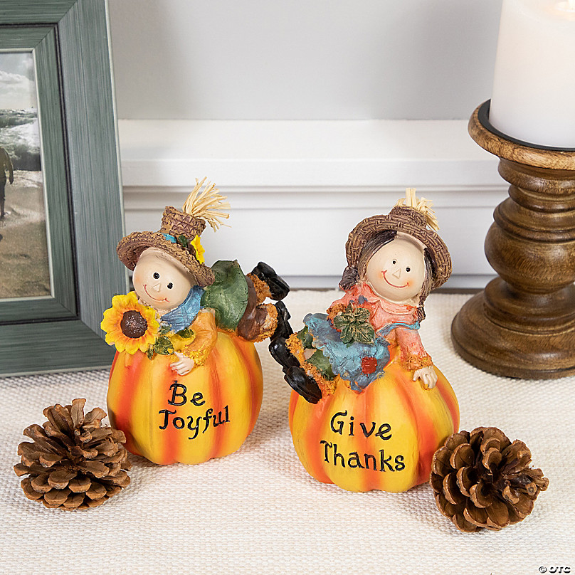 Northlight Set of 2 Girl and Boy Scarecrow Pumpkins With Sunflowers and  Leaf's Fall Figurines - 6.5