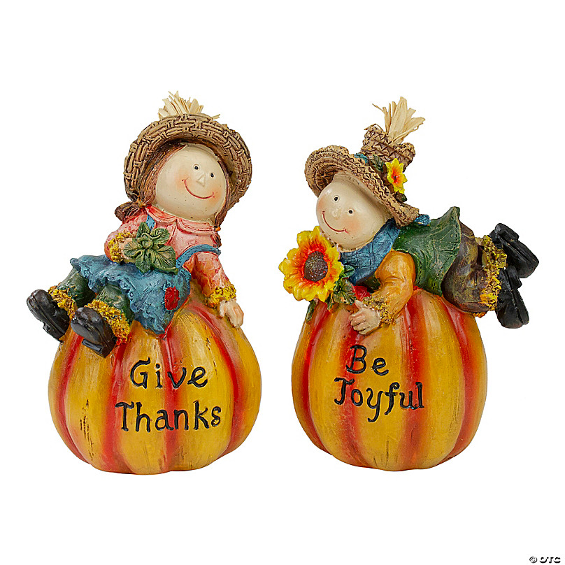 Northlight Set of 2 Girl and Boy Scarecrow Pumpkins With Sunflowers and  Leaf's Fall Figurines - 6.5